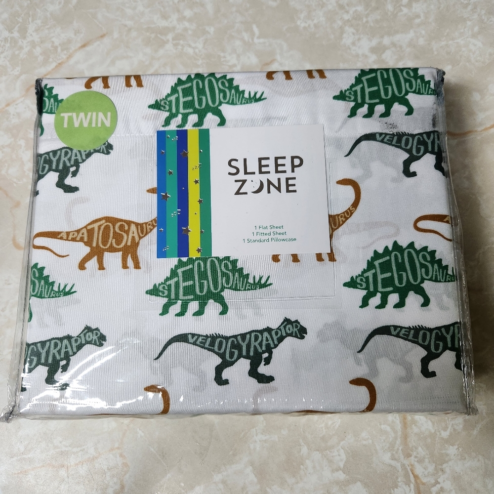 Sleep Zone Dinosaur Twin Size Sheet Set Flat Fitted Pillowcase New